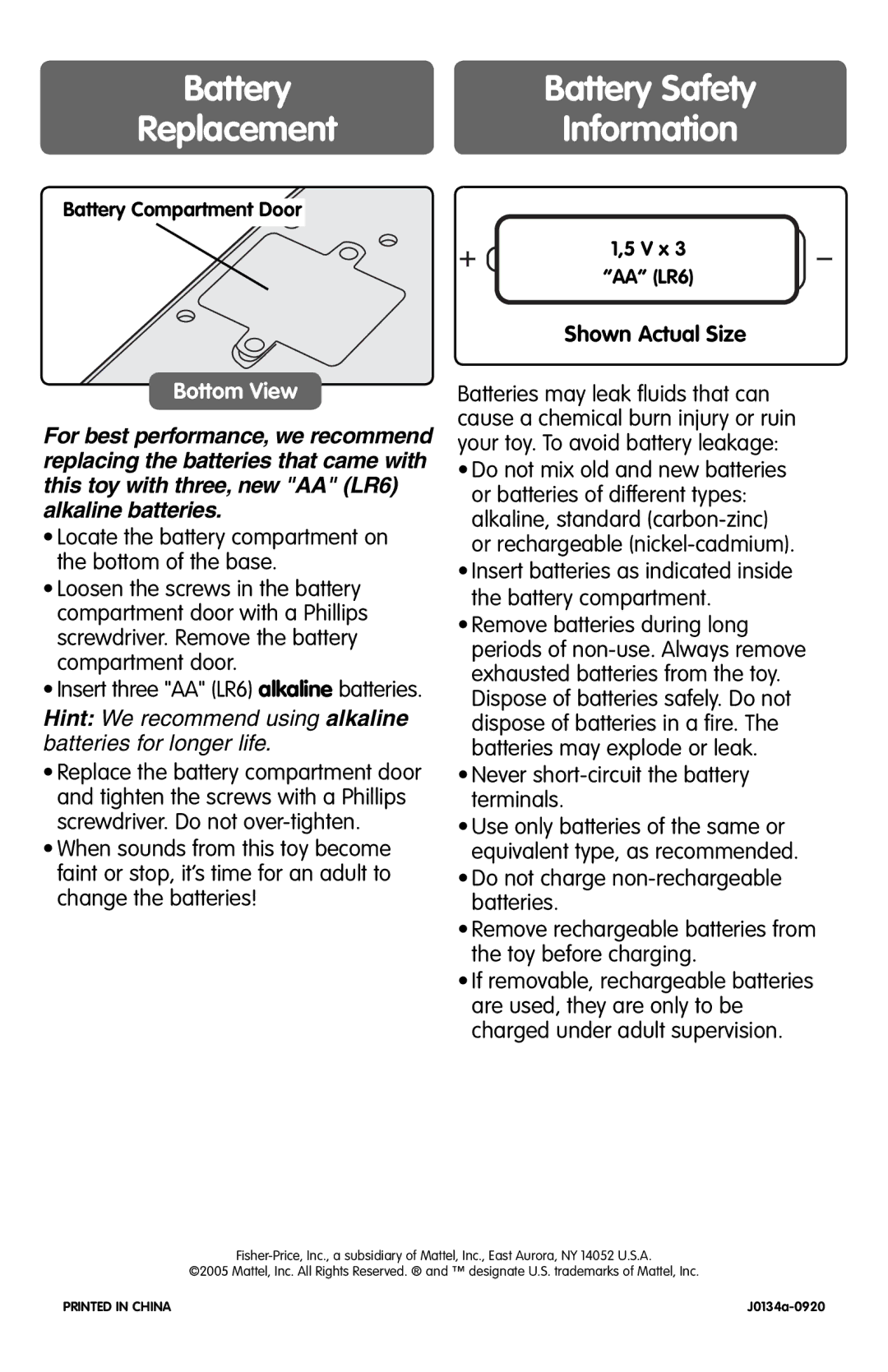 Fisher-Price J0134 instruction sheet Battery Battery Safety Replacement Information, Shown Actual Size 