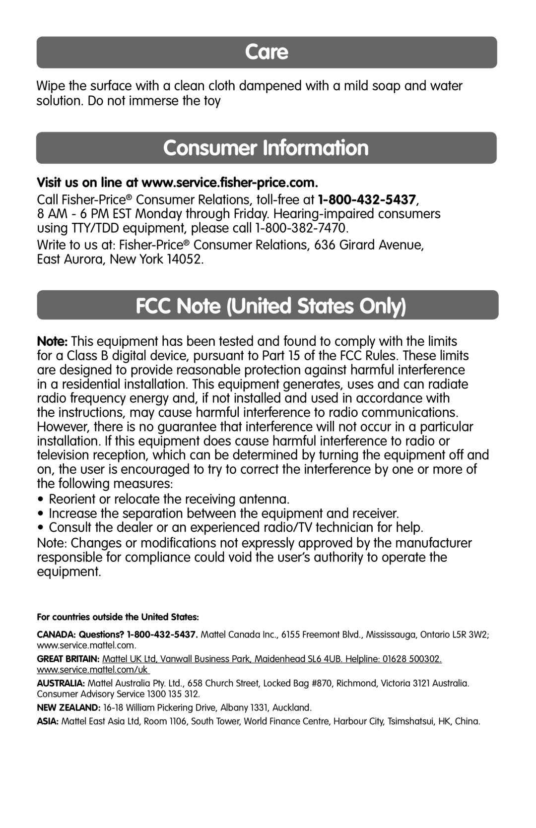 Fisher-Price J0134 instruction sheet Care, Consumer Information, FCC Note United States Only 