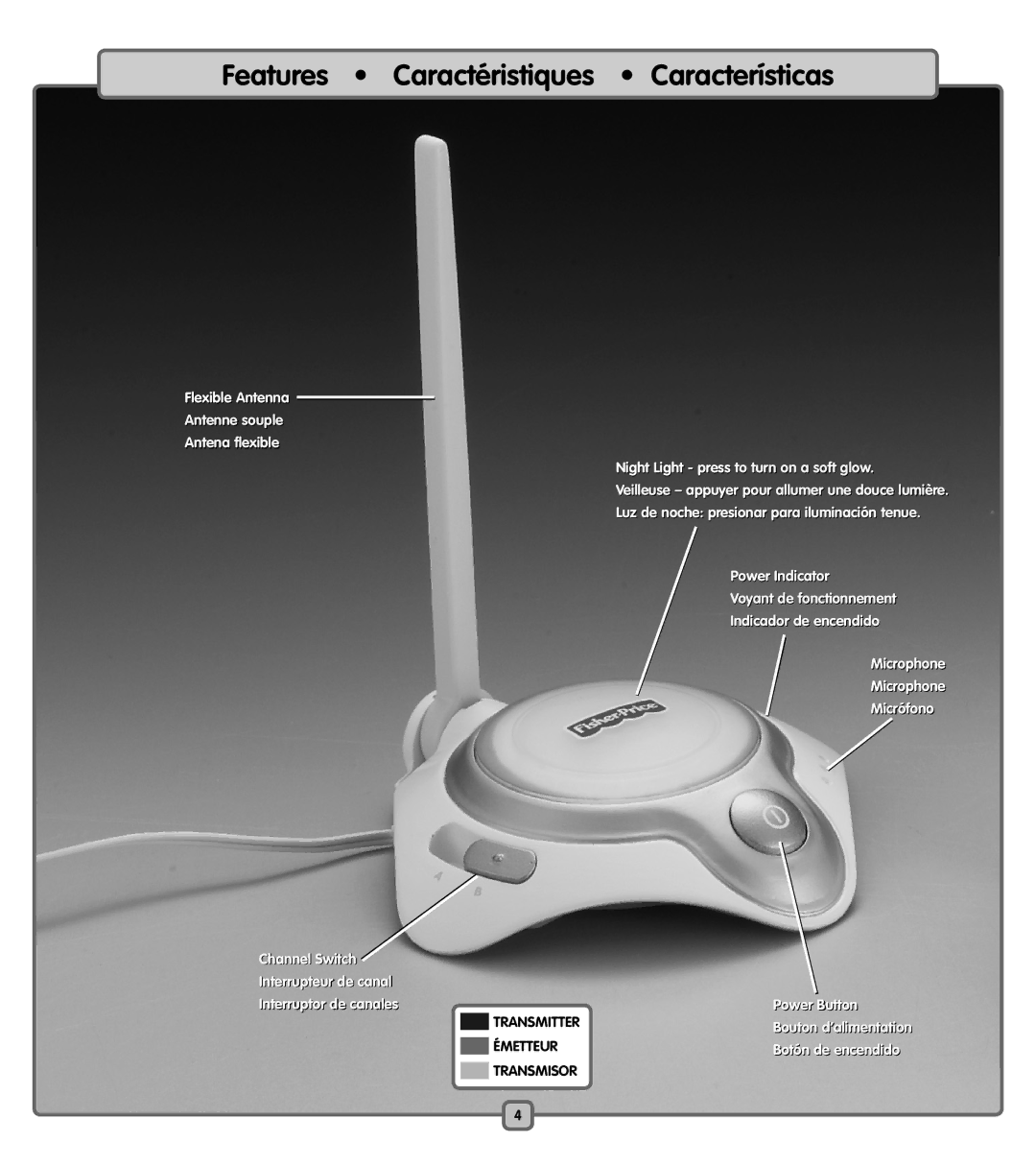 Fisher-Price J1315 Features Caractéristiques Características, Antena flexible Night Light press to turn on a soft glow 