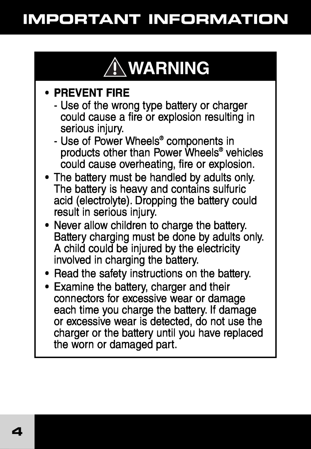 Fisher-Price J1718, H7461 important safety instructions Prevent Fire, Important Information 