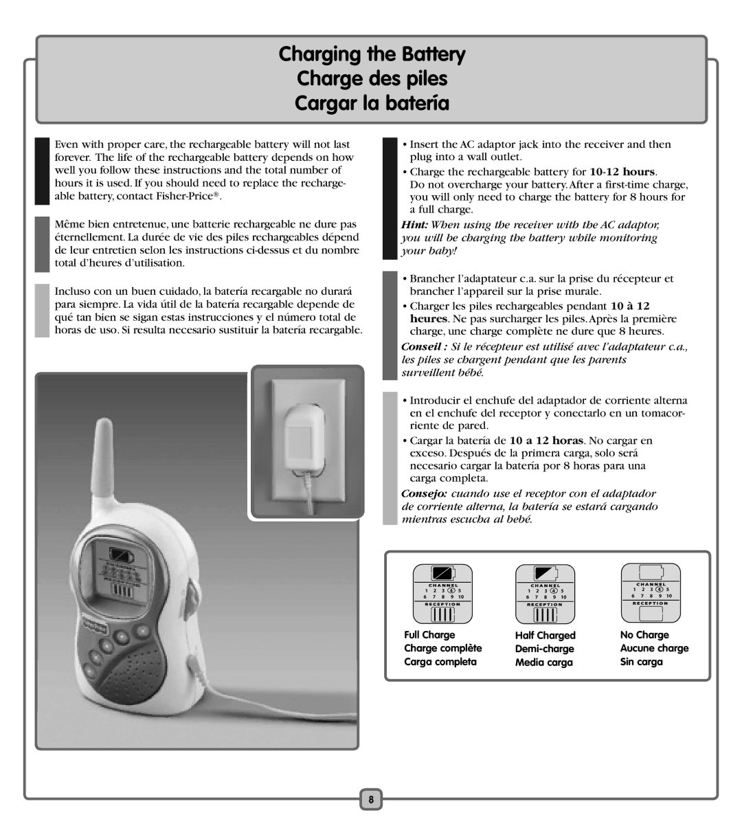 Fisher-Price J2457 manual Charging the Battery, Charge des piles Cargar la batería 