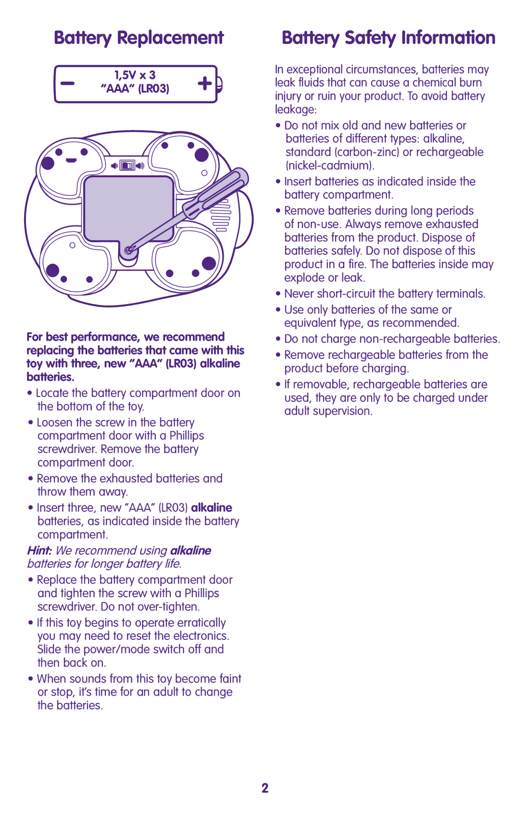 Fisher-Price J2462 instruction sheet Battery Replacement, Battery Safety Information 