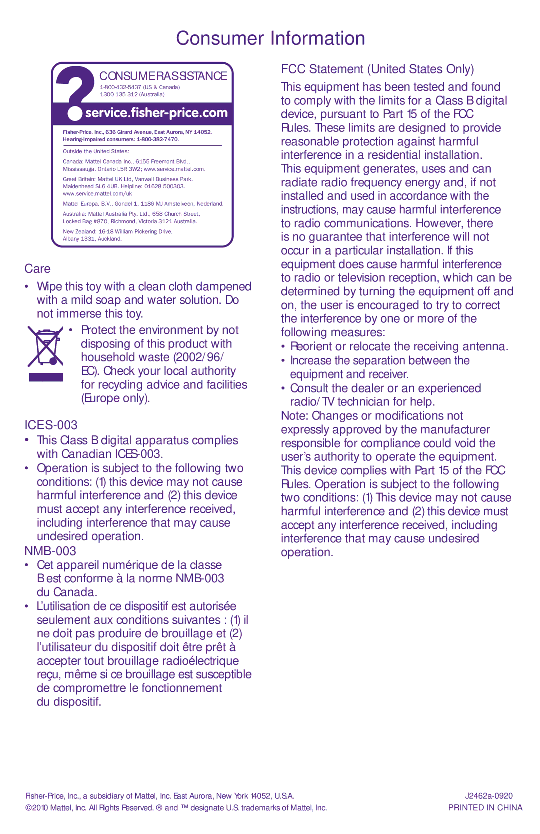 Fisher-Price J2462 instruction sheet Consumer Information, Care, ICES-003, NMB-003, FCC Statement United States Only 