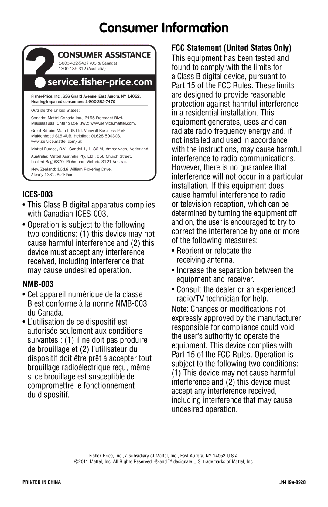 Fisher-Price J4419 instruction sheet Consumer Information, ICES-003, NMB-003, FCC Statement United States Only 