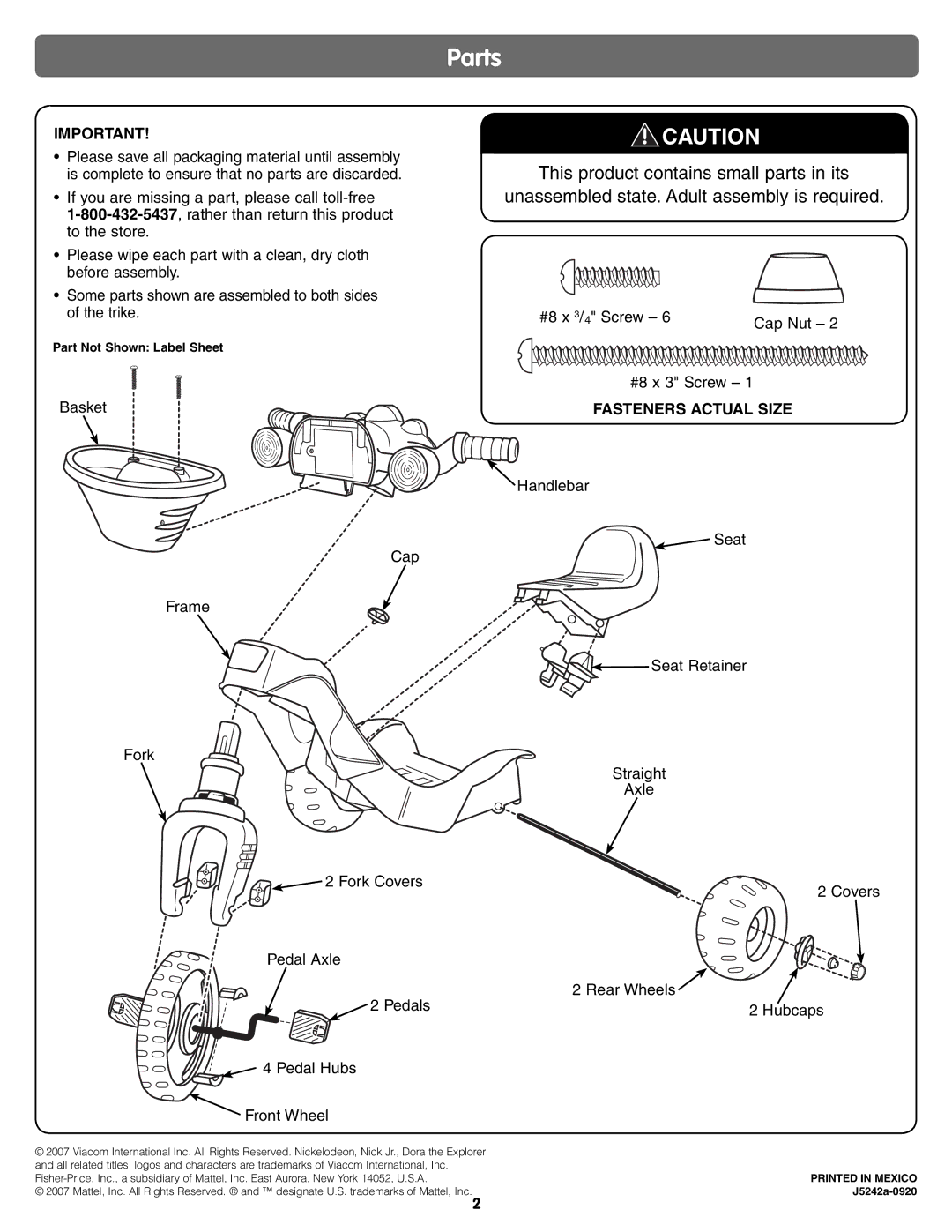 Fisher-Price J5242 instruction sheet Parts, Fasteners Actual Size 