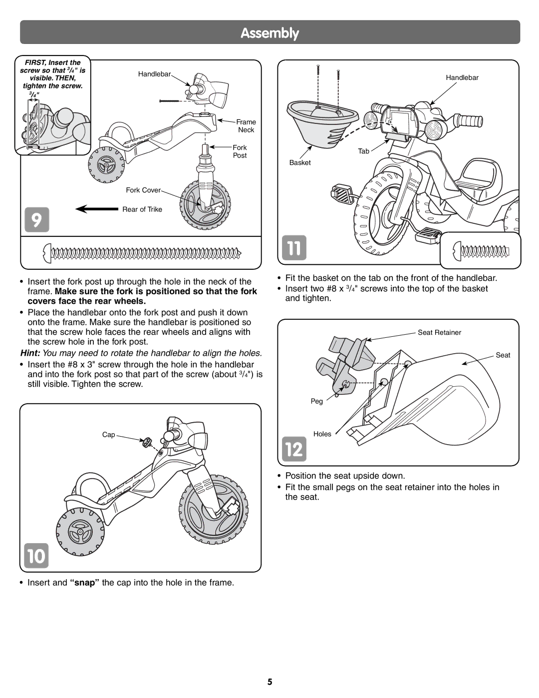 Fisher-Price J5242 instruction sheet Hint You may need to rotate the handlebar to align the holes 