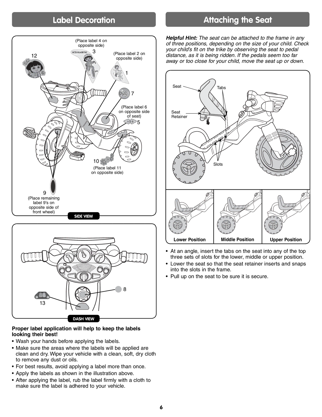 Fisher-Price J5242 instruction sheet Label Decoration, Attaching the Seat 