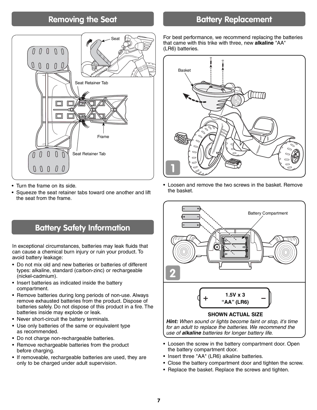 Fisher-Price J5242 instruction sheet Removing the Seat, Battery Safety Information, Battery Replacement, Shown Actual Size 