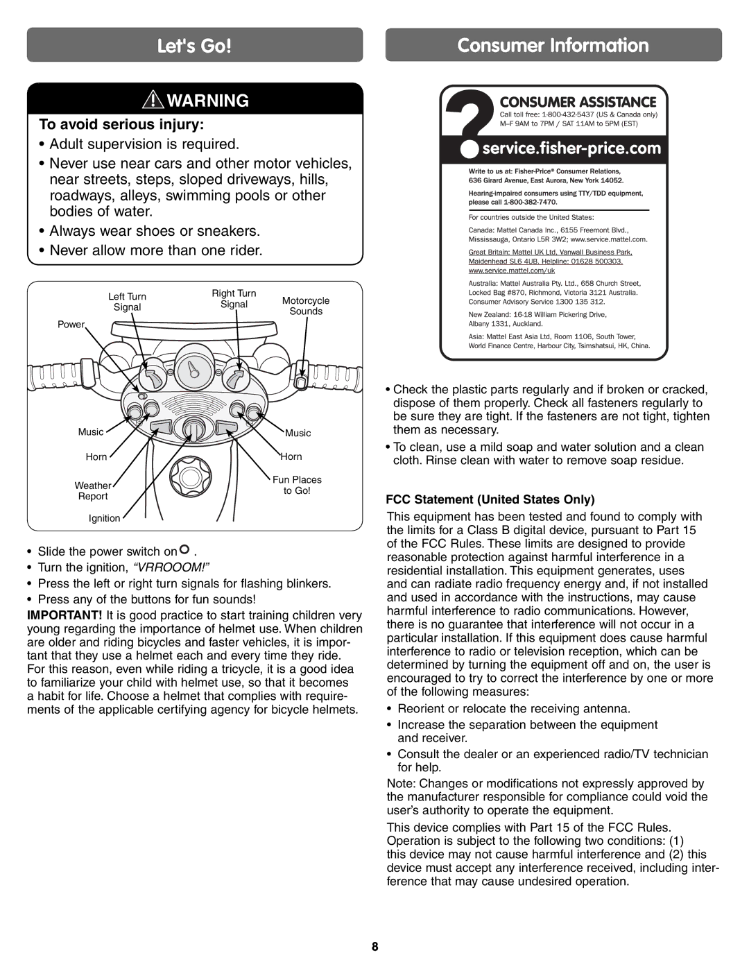 Fisher-Price J5242 instruction sheet Lets Go, Consumer Information 