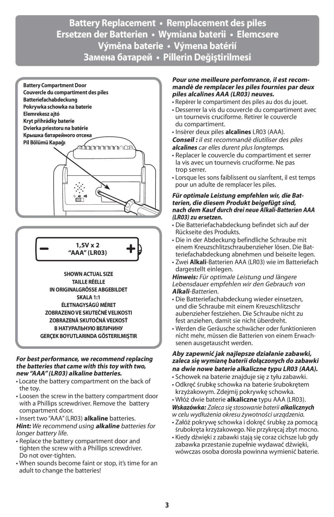 Fisher-Price J5293 manual Repèrer le compartiment des piles au dos du jouet, Schowek na baterie znajduje się z tyłu zabawki 