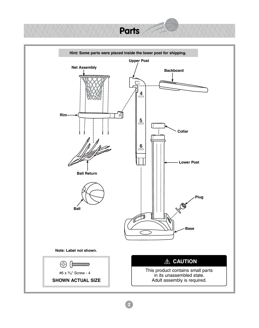 Fisher-Price J5970 instruction sheet Parts, Collar Lower Post Plug Base 