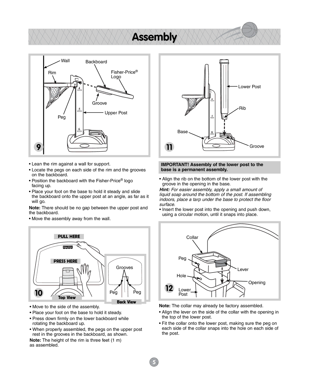 Fisher-Price J5970 instruction sheet Press Here, Grooves Peg Top View Back View 