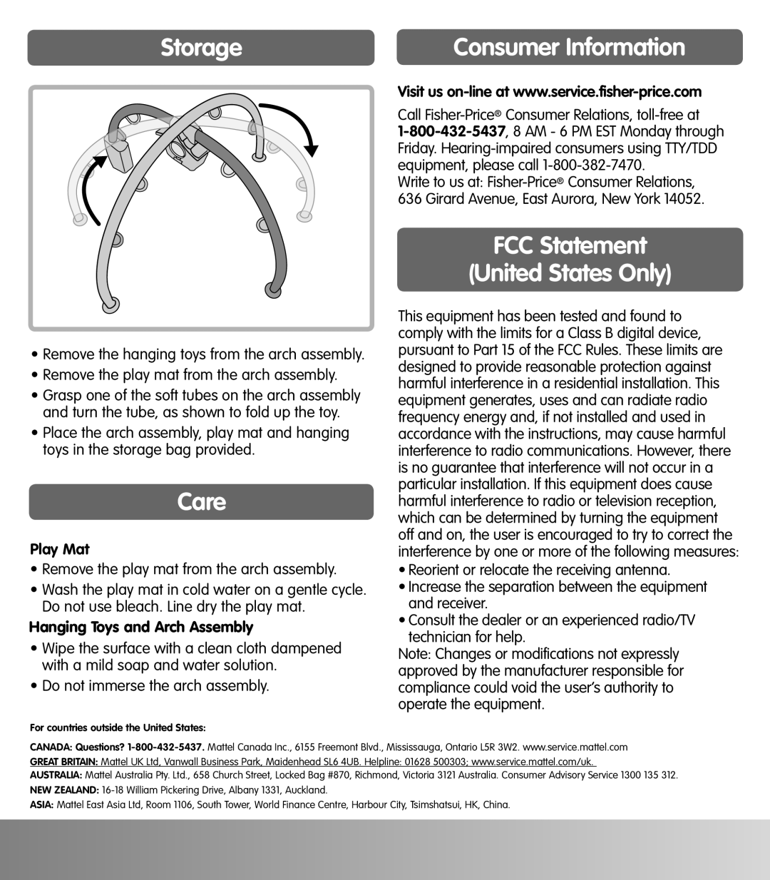 Fisher-Price J6113, G9158 instruction sheet Storage, Care, FCC Statement United States Only, Consumer Information 