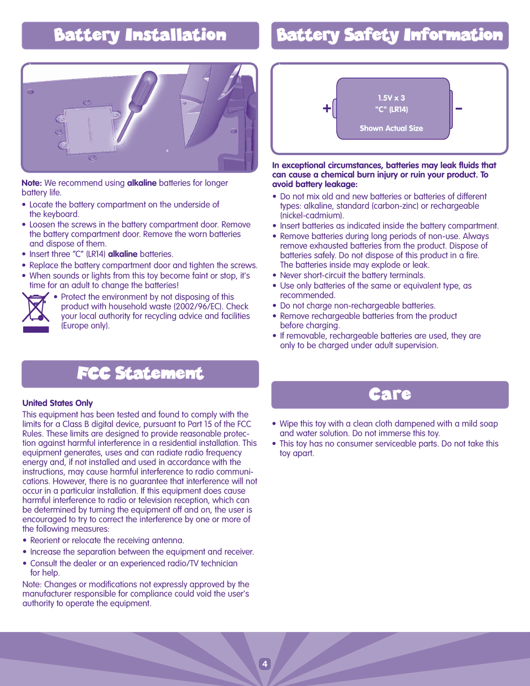 Fisher-Price J6870 manual Battery Installation, FCC Statement, Care, United States Only 