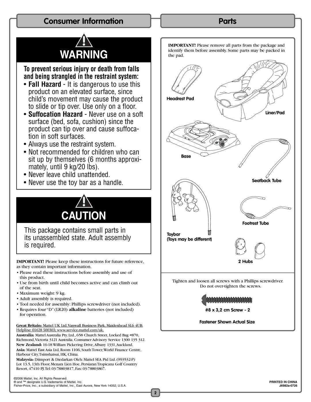 Fisher-Price J6982 manual Consumer Information, Parts, #8 x 3,2 cm Screw Fastener Shown Actual Size 