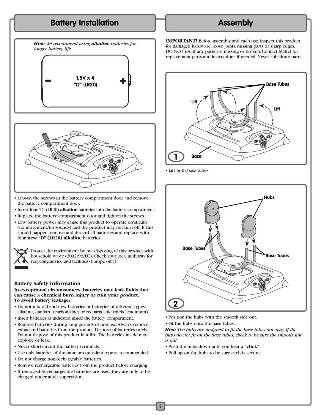 Fisher-Price J6982 manual Battery Installation, Assembly, 5V x LR20, Base Tubes Lift 