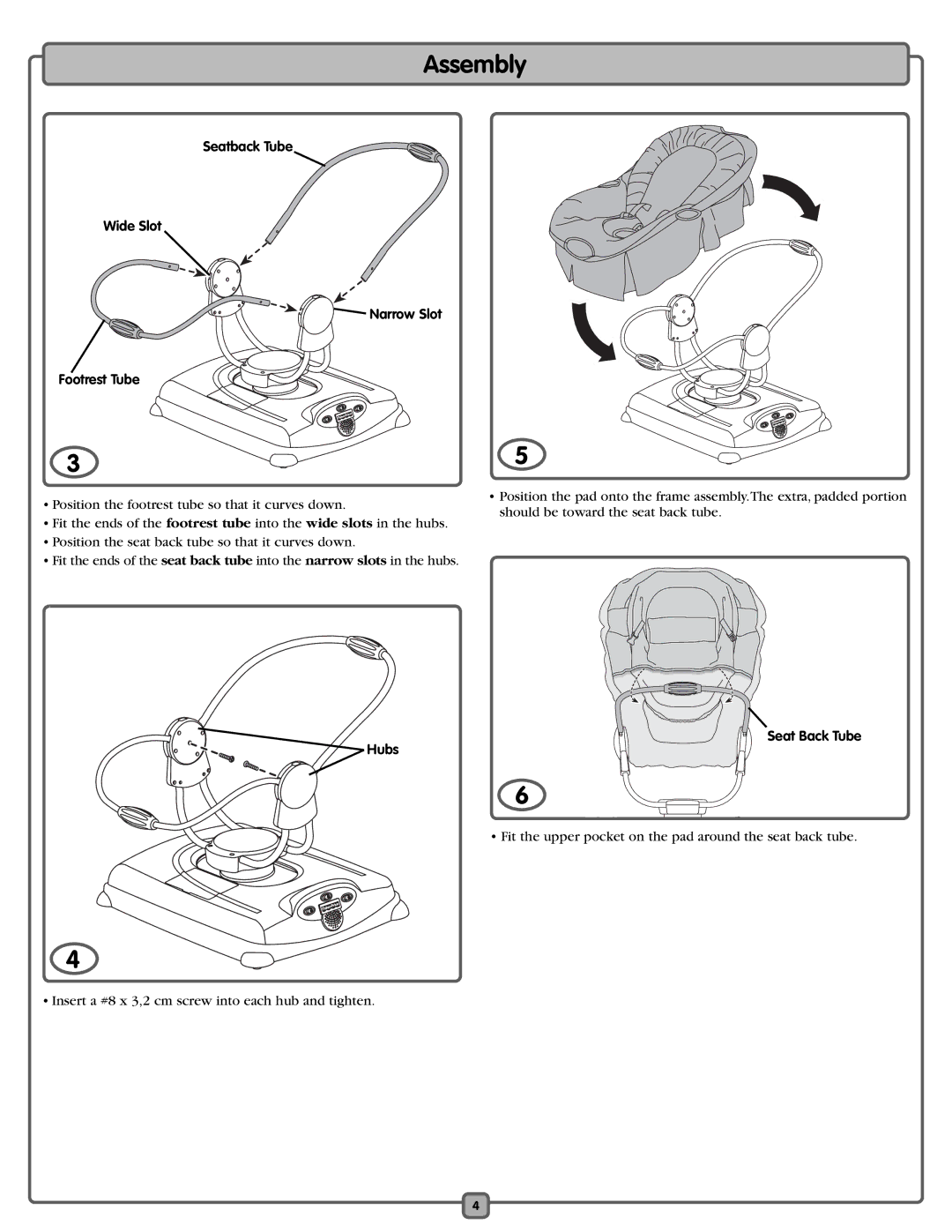 Fisher-Price J6982 manual Seatback Tube Wide Slot Narrow Slot Footrest Tube, Seat Back Tube Hubs 