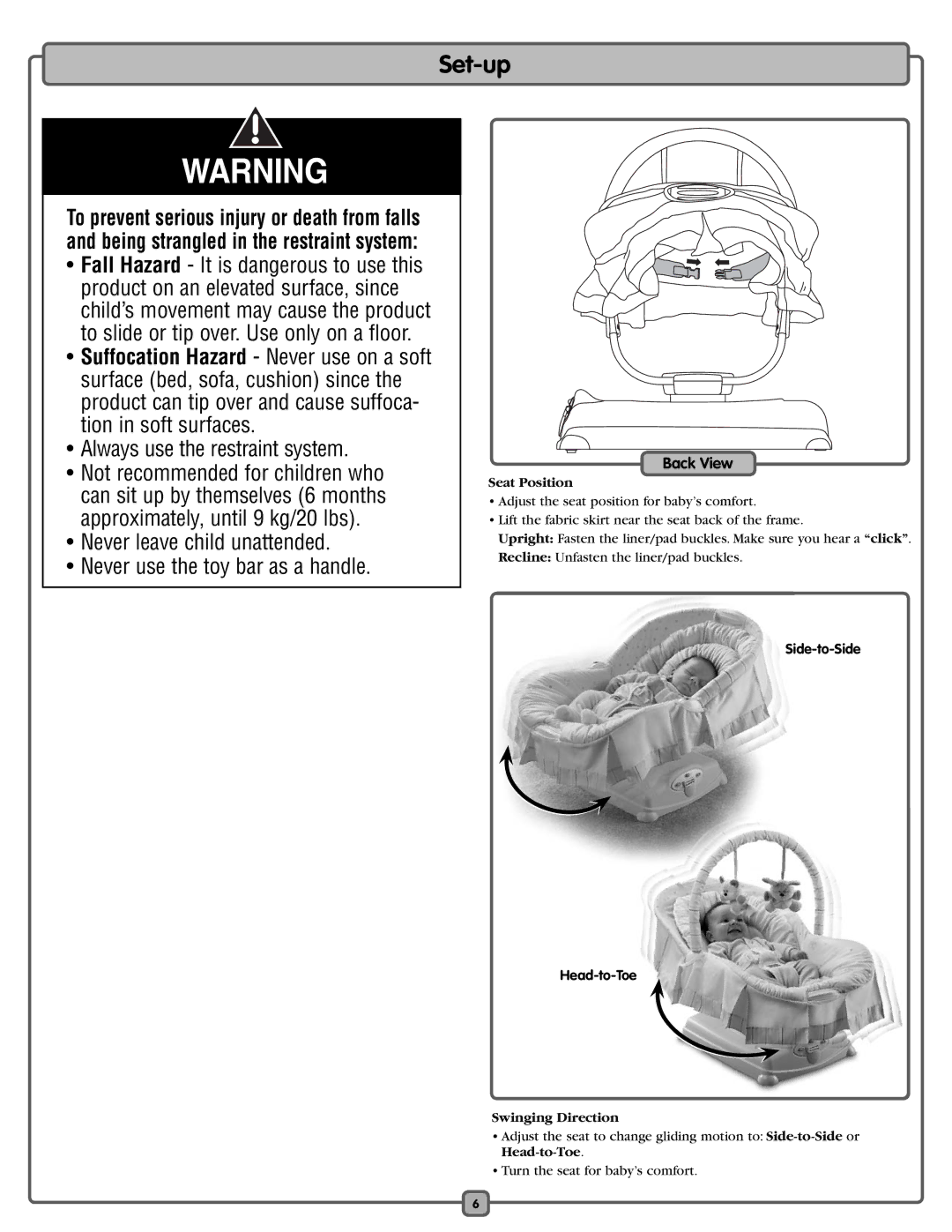 Fisher-Price J6982 manual Set-up, Back View, Seat Position, Side-to-Side Head-to-Toe, Swinging Direction 