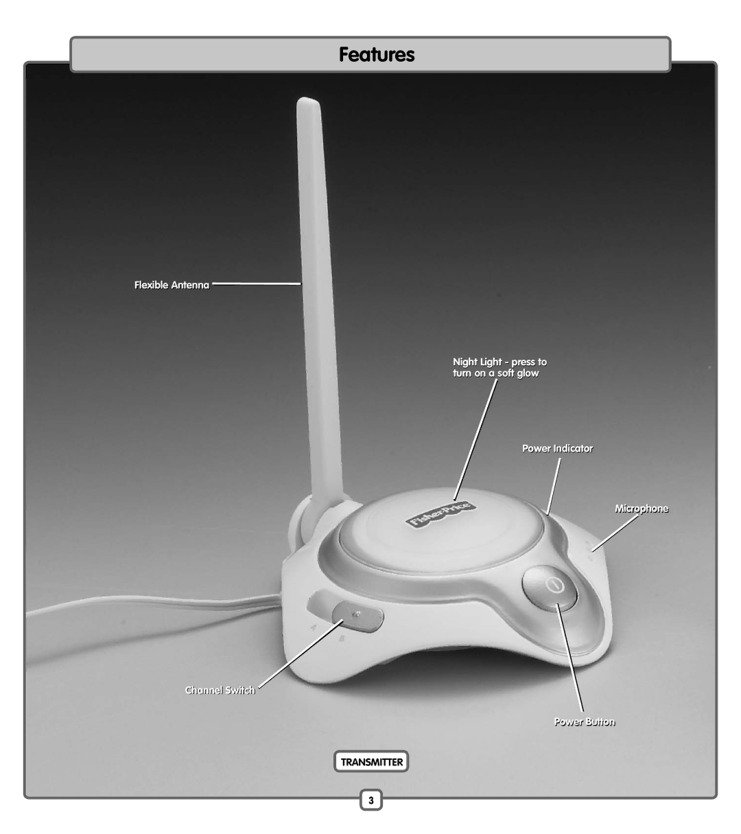 Fisher-Price J6998 manual Features, Flexible Antenna, Power Indicator Microphone Channel Switch Power Button 