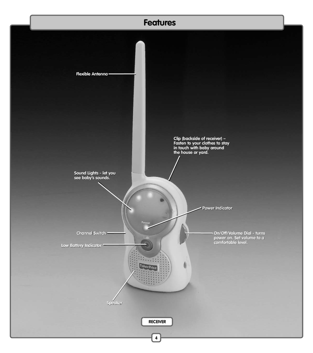 Fisher-Price J6998 manual FlexibleFlexible Antennantenna, Power Indicator, Low Battery Indicator Comfortable level Speaker 