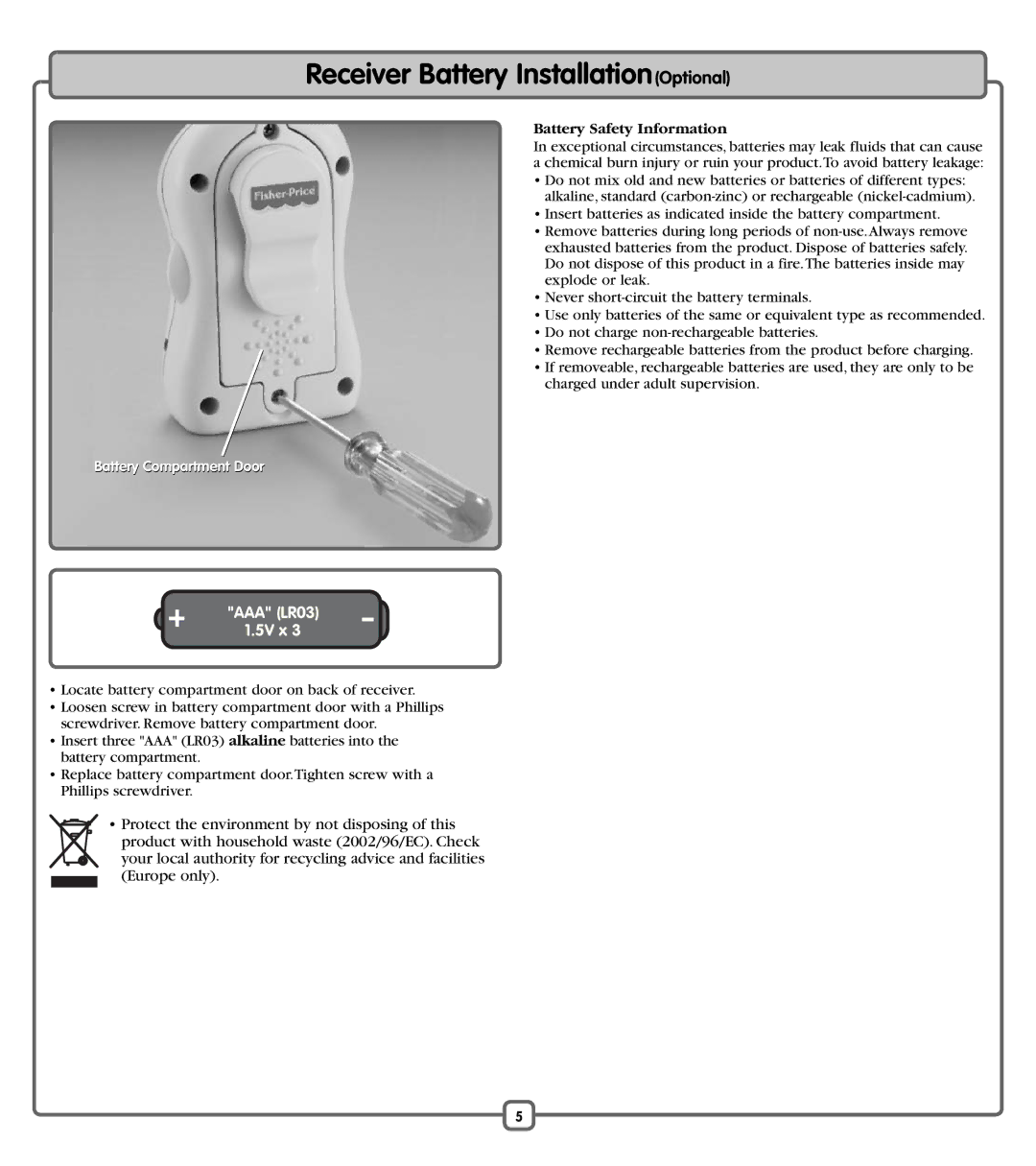 Fisher-Price J6998 manual Receiver Battery InstallationOptional, Battery Safety Information, Battery Compartment Door 