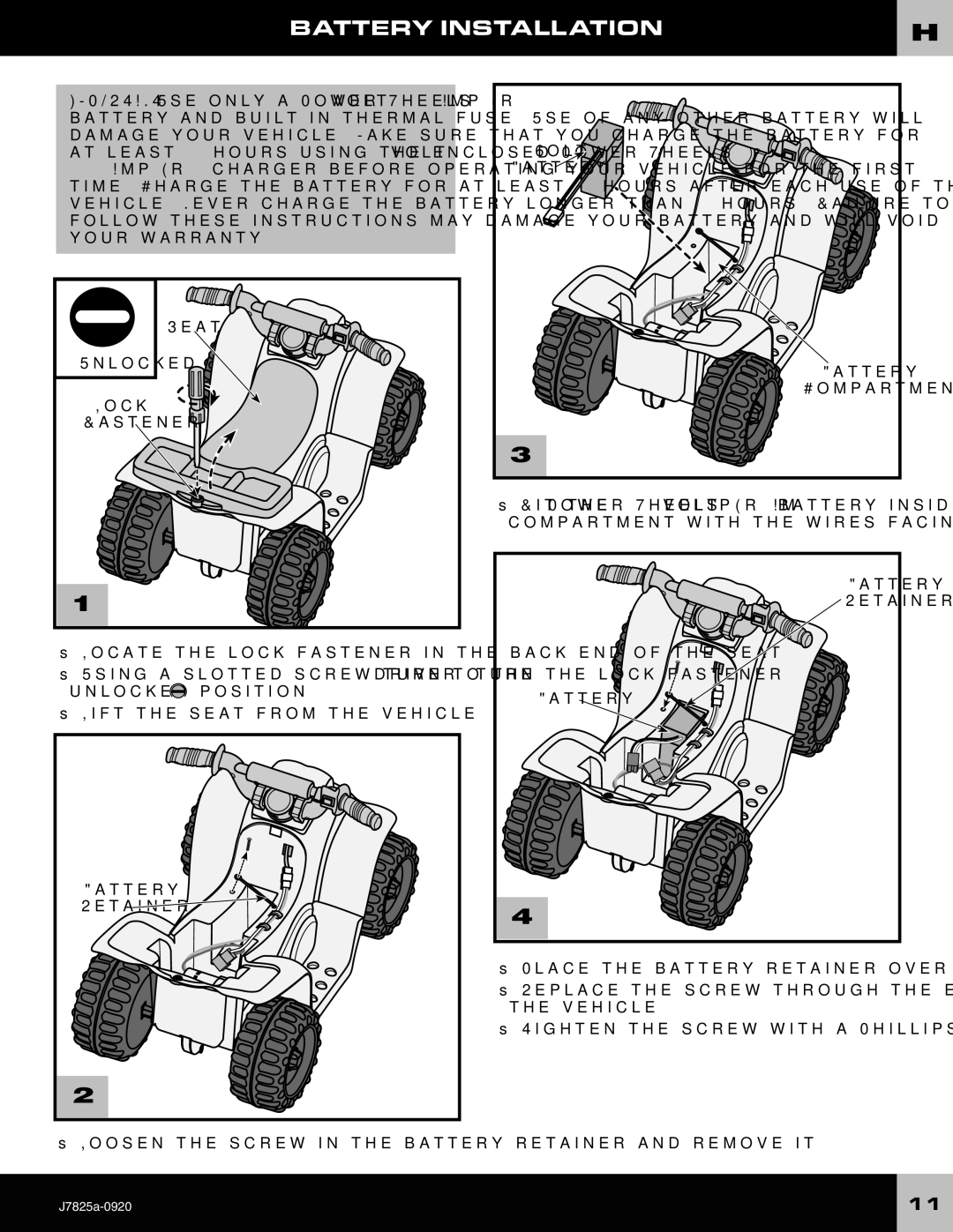 Fisher-Price J7825 owner manual Battery Installation, Battery Retainer Volt 