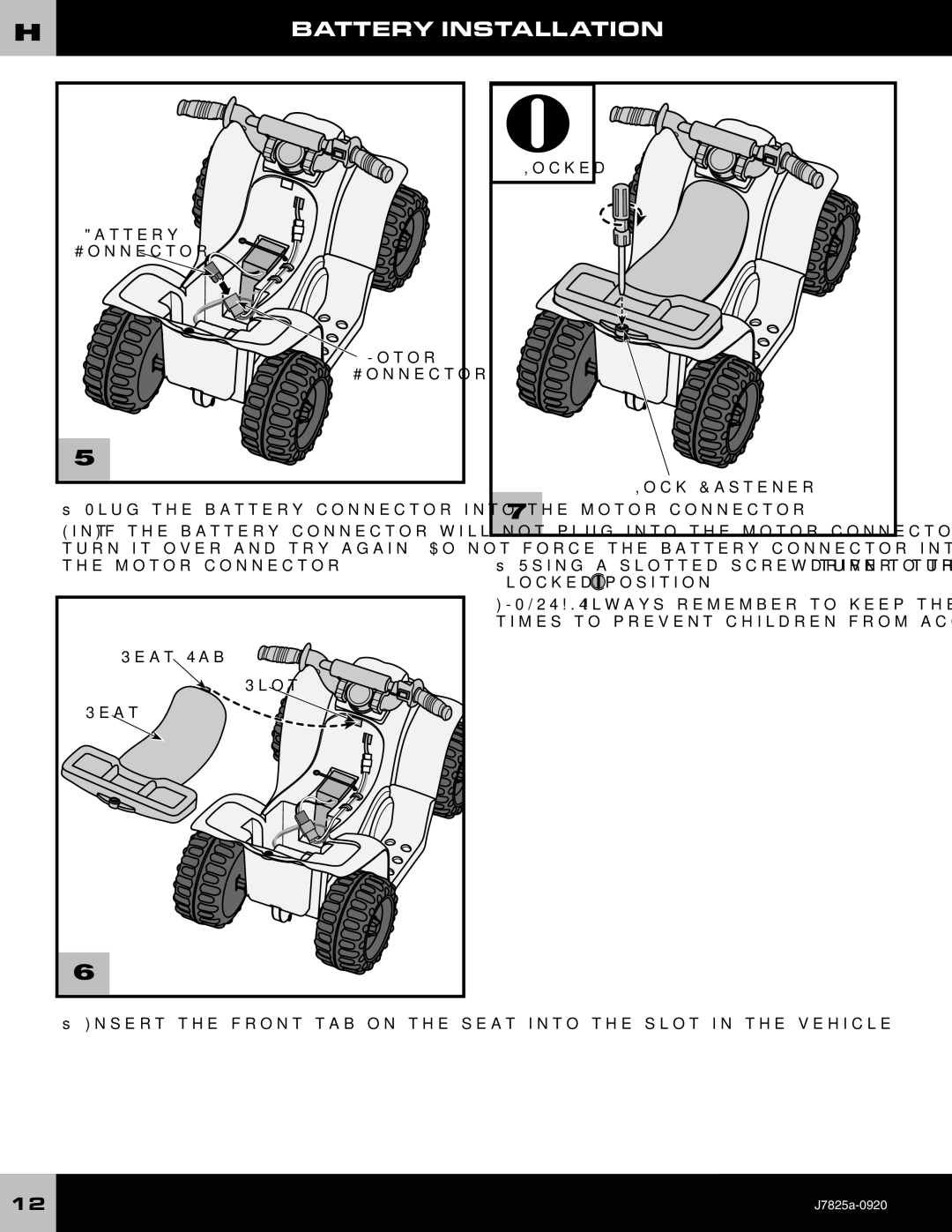 Fisher-Price J7825 owner manual Battery Connector Motor, Seat Tab, Slot, Locked Lock Fastener 