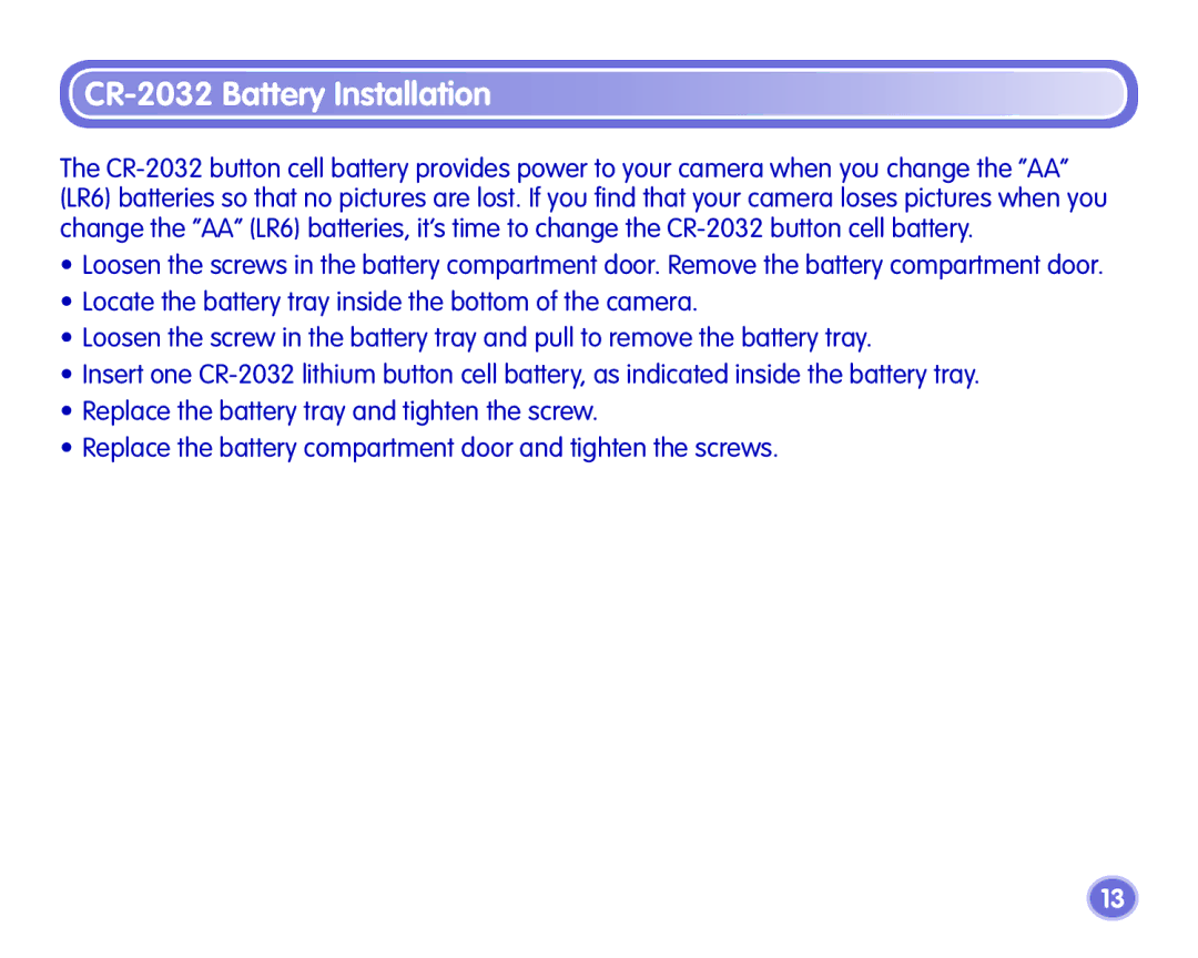 Fisher-Price J8210, J8209, J8211 manual CR-2032 Battery Installation 