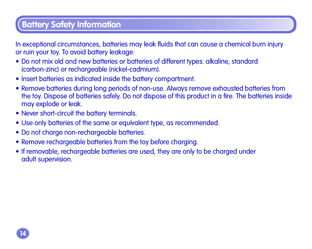 Fisher-Price J8211, J8209, J8210 manual Battery Safety Information 