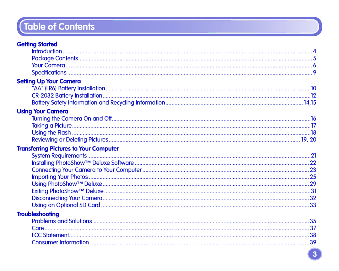 Fisher-Price J8209, J8210, J8211 manual Table of Contents 