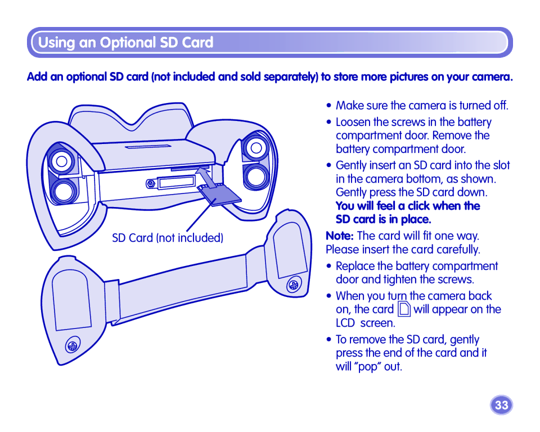 Fisher-Price J8209, J8210, J8211 manual Using an Optional SD Card, Make sure the camera is turned off, SD Card not included 