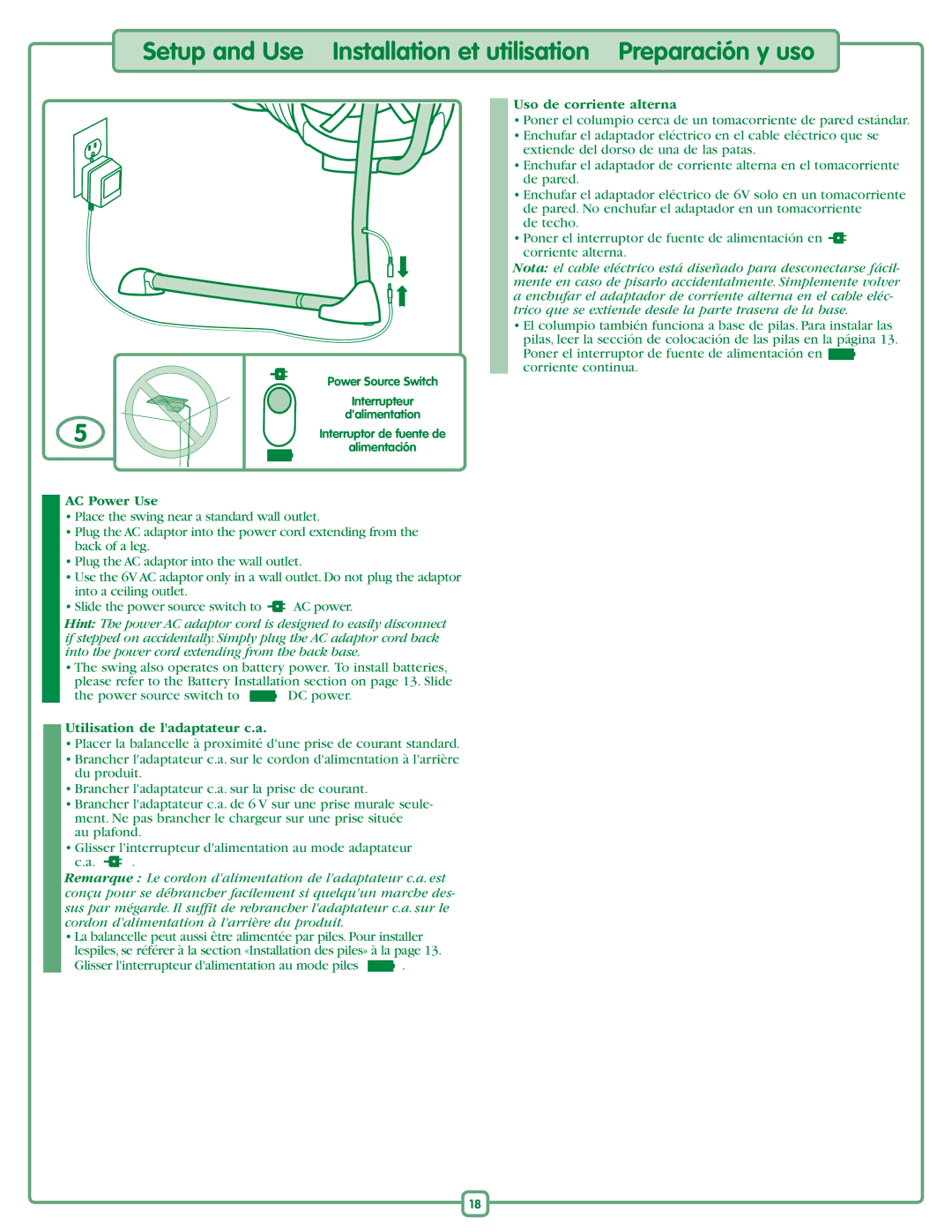 Fisher-Price J8518 manual Uso de corriente alterna, AC Power Use, Utilisation de ladaptateur c.a 