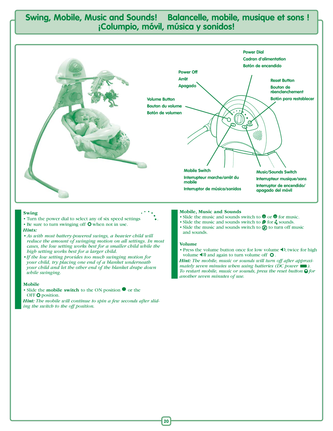 Fisher-Price J8518 manual Swing, Mobile, Music and Sounds, Volume 