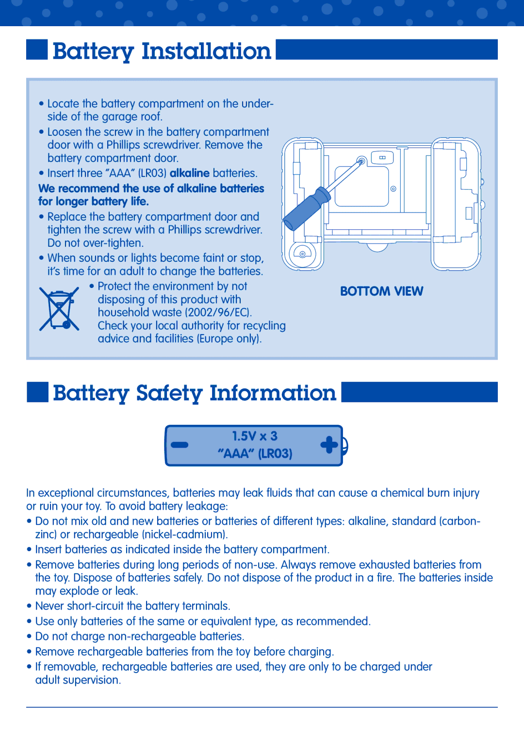 Fisher-Price J8991 manual Battery Installation, Battery Safety Information 