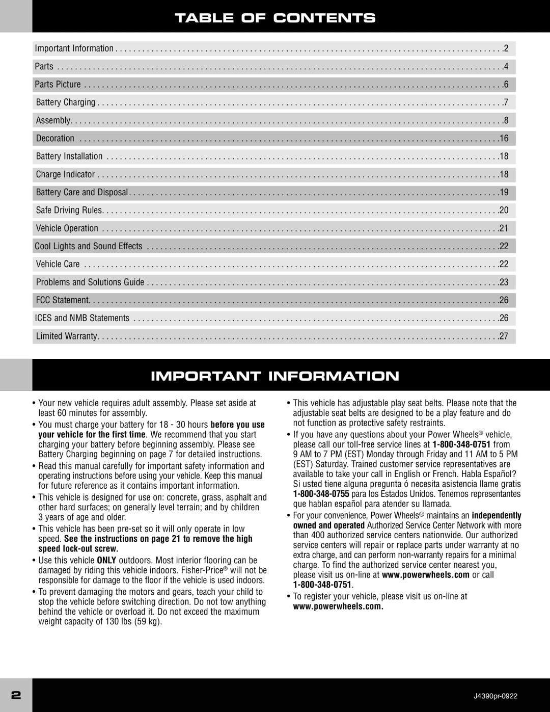 Fisher-Price J9562, J9561, J4390 owner manual Table of Contents, Important Information 