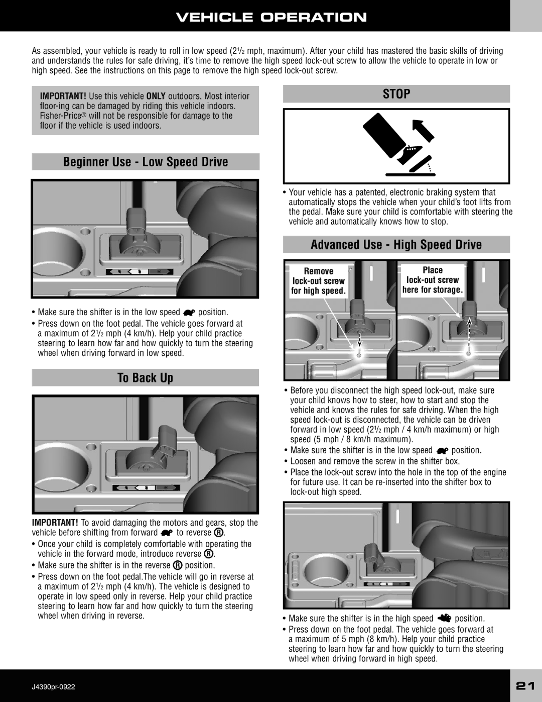 Fisher-Price J9561, J4390, J9562 owner manual Vehicle Operation, Remove Place 