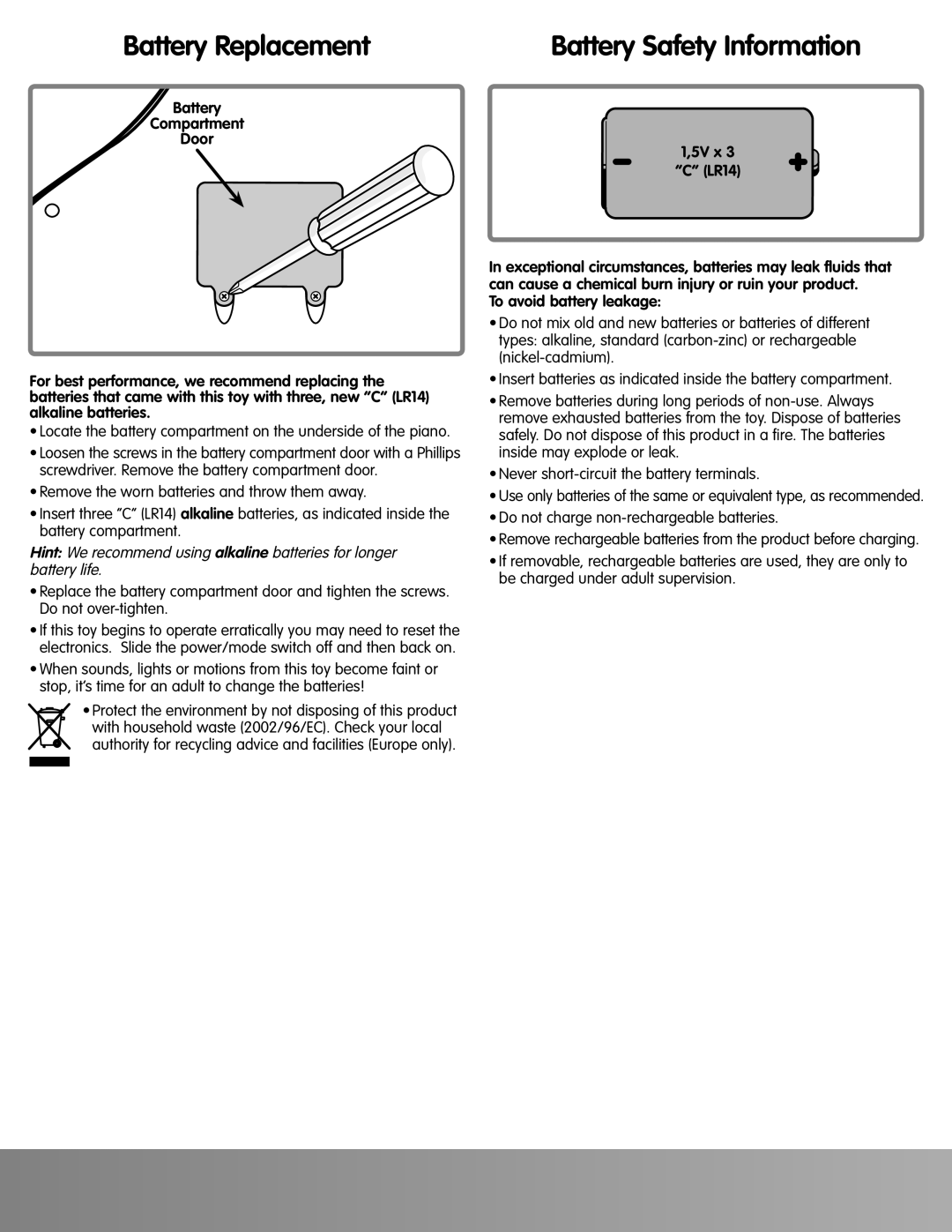 Fisher-Price J9632 instruction sheet Battery Replacement, 5V x LR14, To avoid battery leakage 