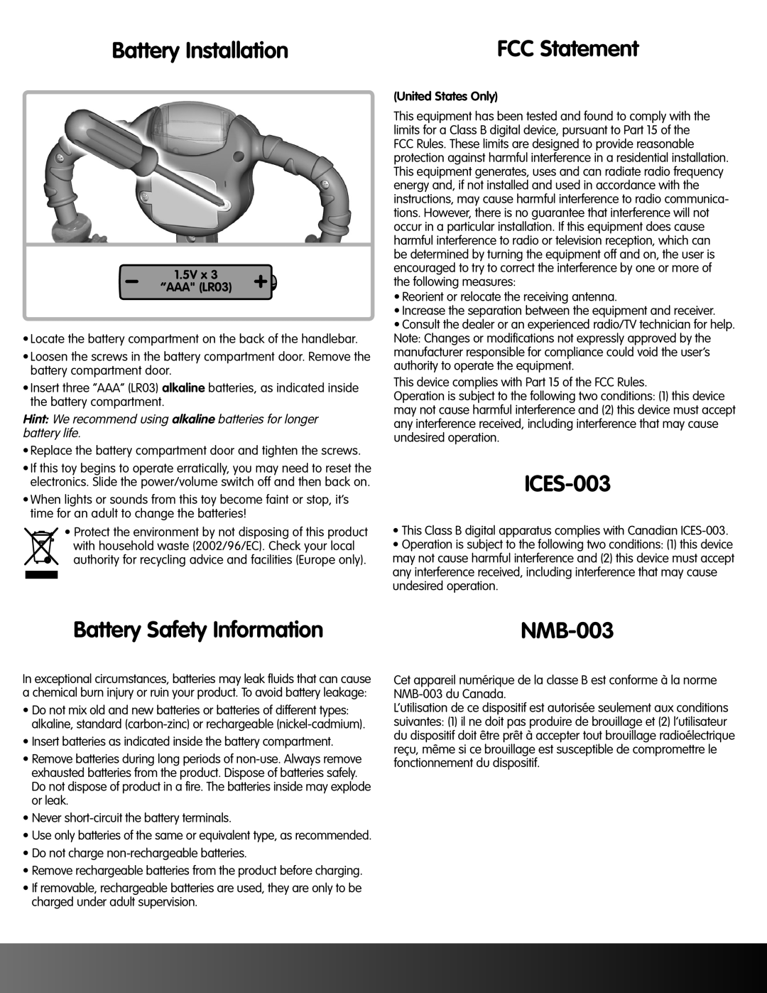 Fisher-Price K0317 instruction sheet Battery Installation, ICES-003, Battery Safety Information 