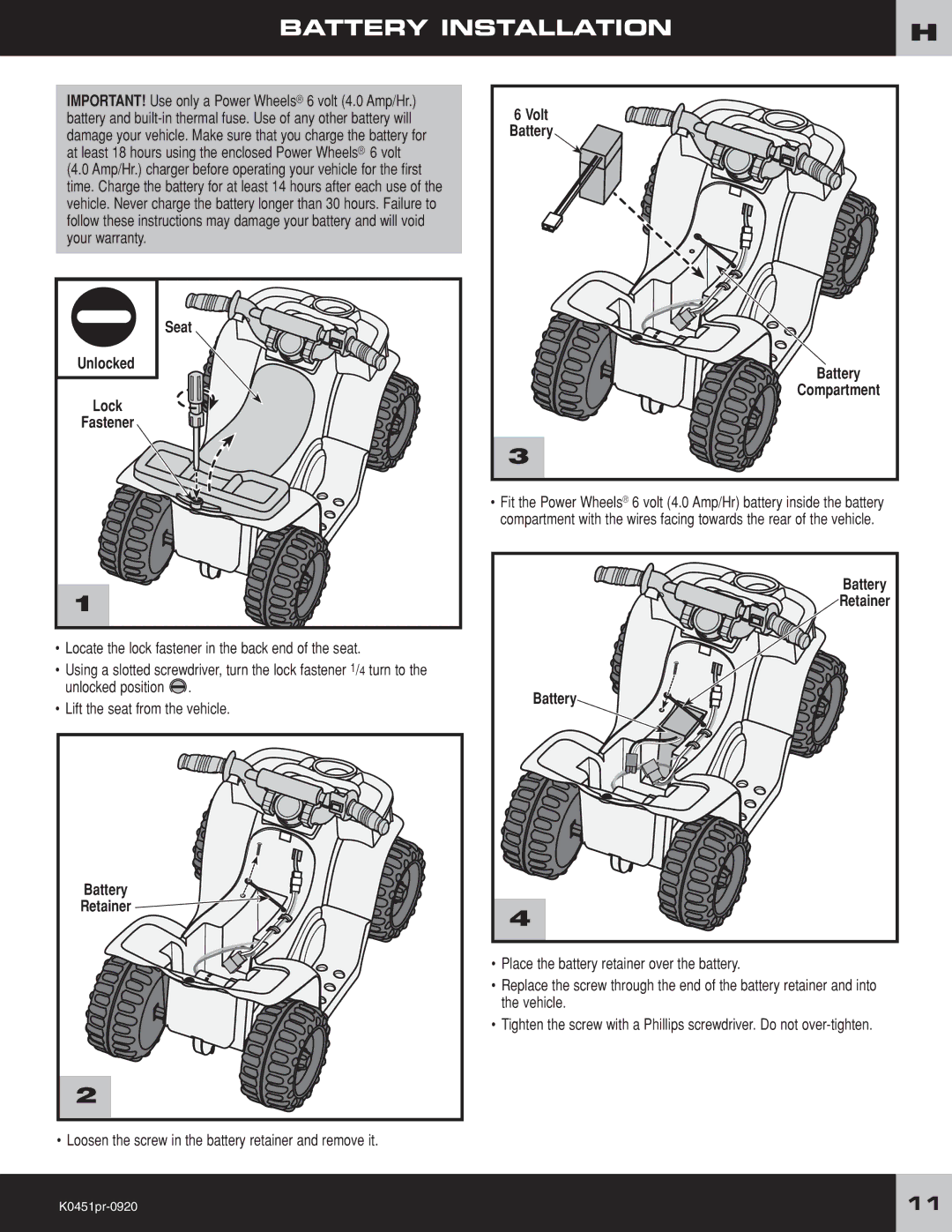 Fisher-Price K0451 owner manual Volt, Battery 