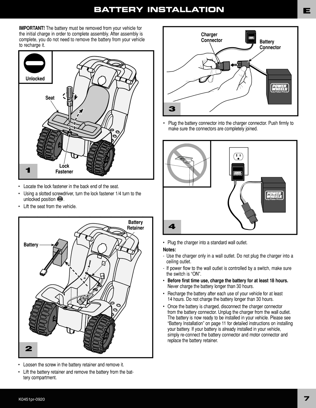 Fisher-Price K0451 owner manual Battery Installation, Charger, Battery Connector Unlocked Seat, Battery Retainer 