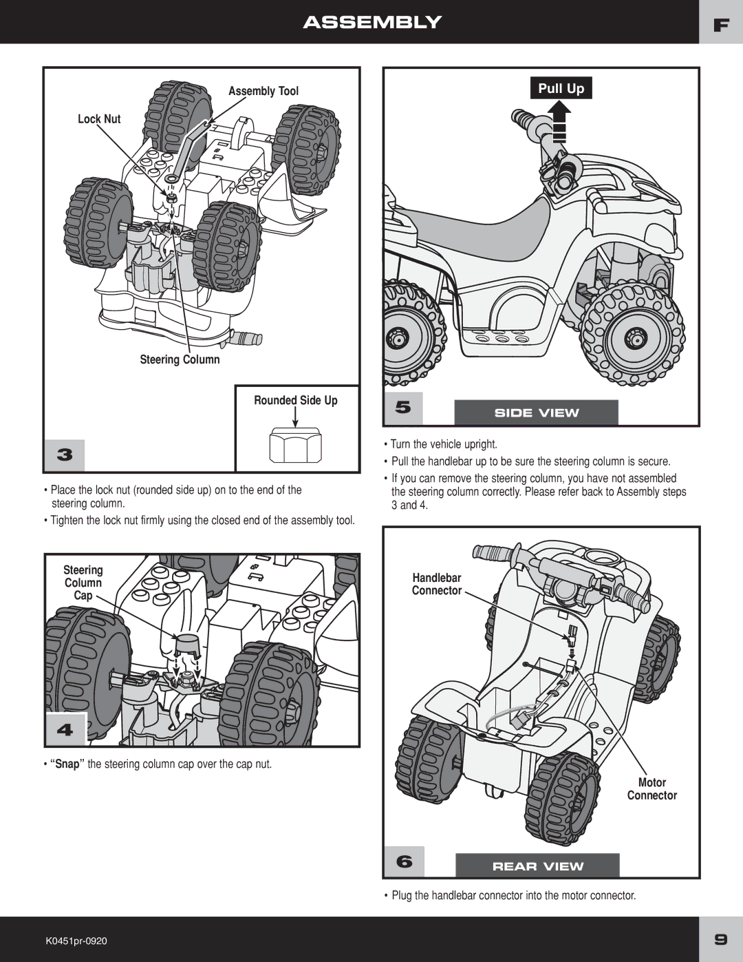 Fisher-Price K0451 Assembly, Lock Nut Steering Column Rounded Side Up, Turn the vehicle upright, Handlebar Connector 