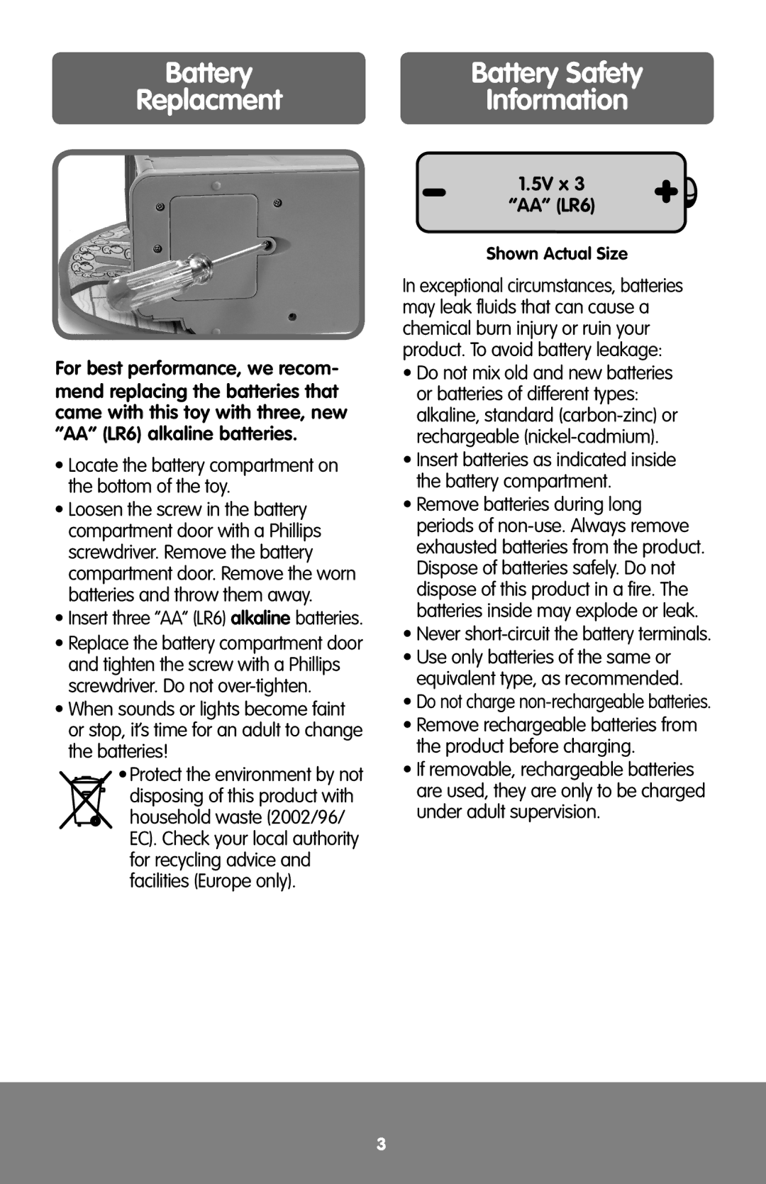 Fisher-Price K2866 Battery Battery Safety Replacment Information, For best performance, we recom, 5V x AA LR6 