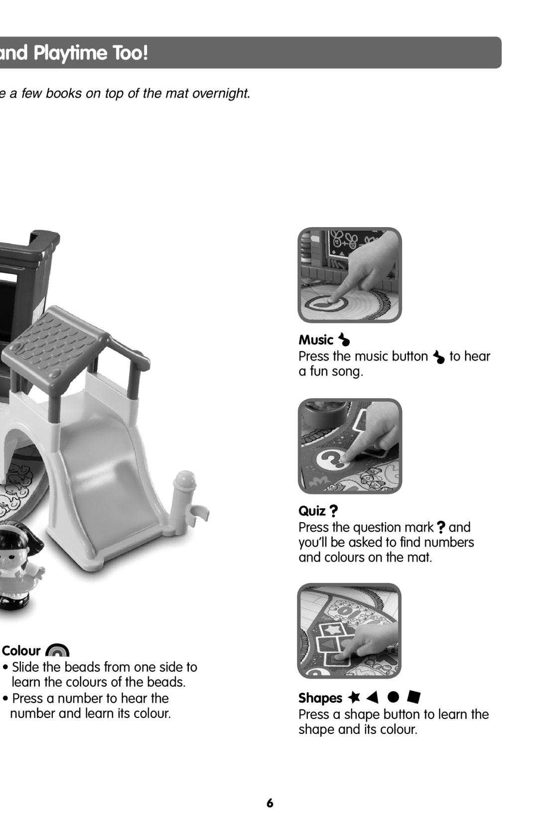 Fisher-Price K2866 instruction sheet Playtime Too, Colour, Music, Quiz, Shapes 