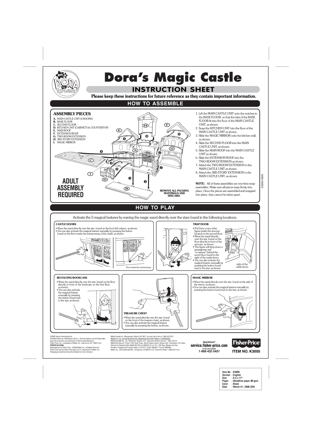 Fisher-Price K3005 instruction sheet HOW to Assemble, HOW to Play 