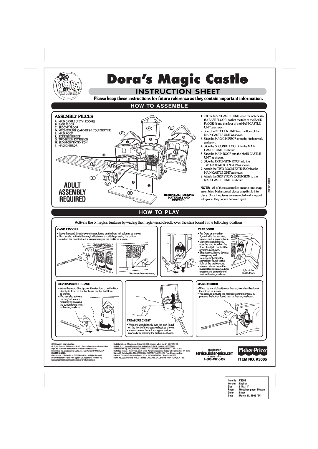 Fisher-Price K3005 instruction sheet Dora’s Magic Castle, Instruction Sheet, How To Assemble, How To Play, Adult, Assembly 