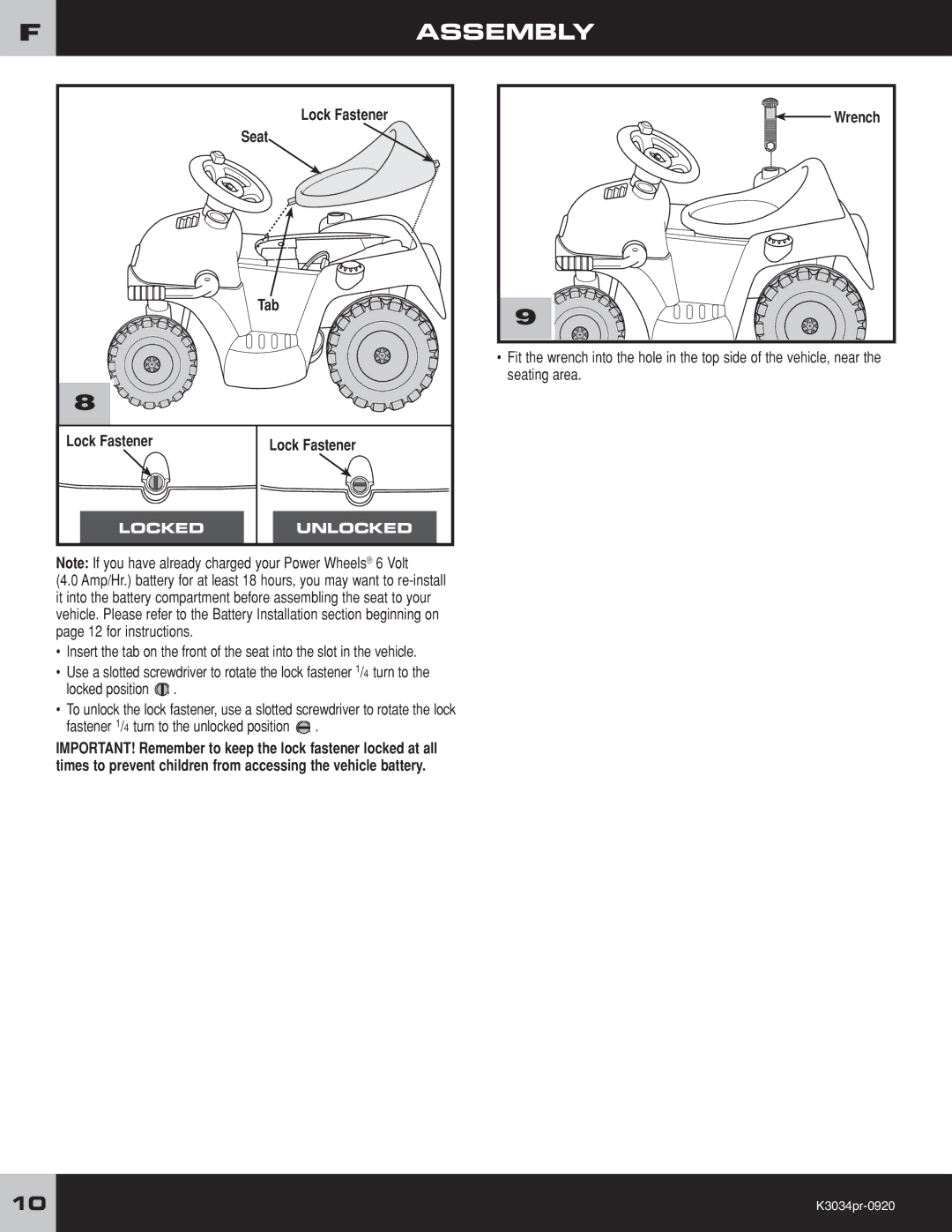 Fisher-Price K3034 owner manual Lock Fastener Seat Tab, Fastener 1/4 turn to the unlocked position 