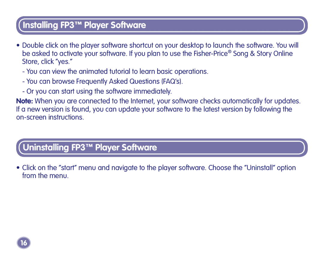 Fisher-Price K3680, K3420 manual Uninstalling FP3 Player Software 