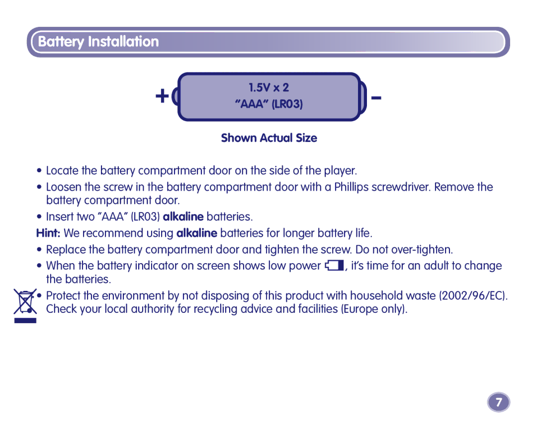 Fisher-Price K3420, K3680 manual 5V x AAA LR03 Shown Actual Size 