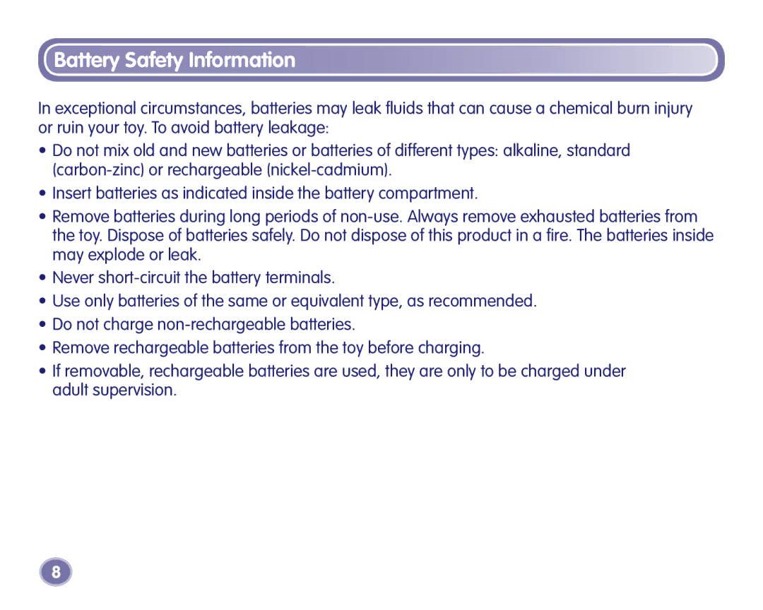 Fisher-Price K3680, K3420 manual Battery Safety Information 