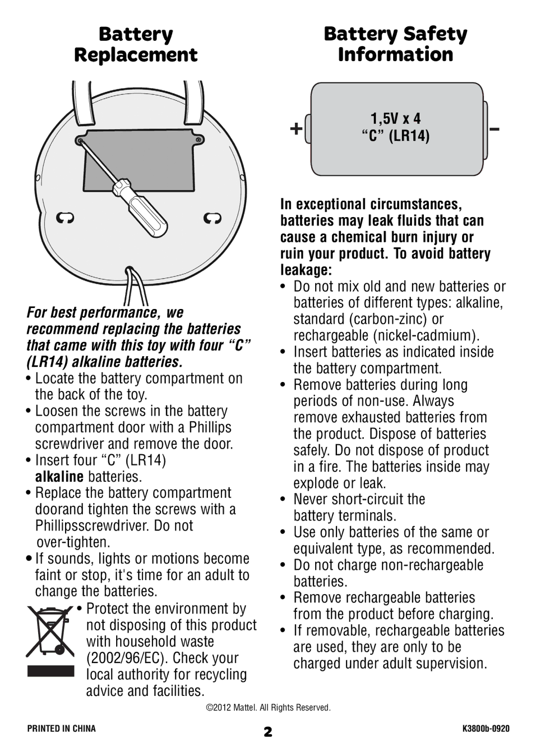 Fisher-Price K3800 instruction sheet Battery Battery Safety, Information 